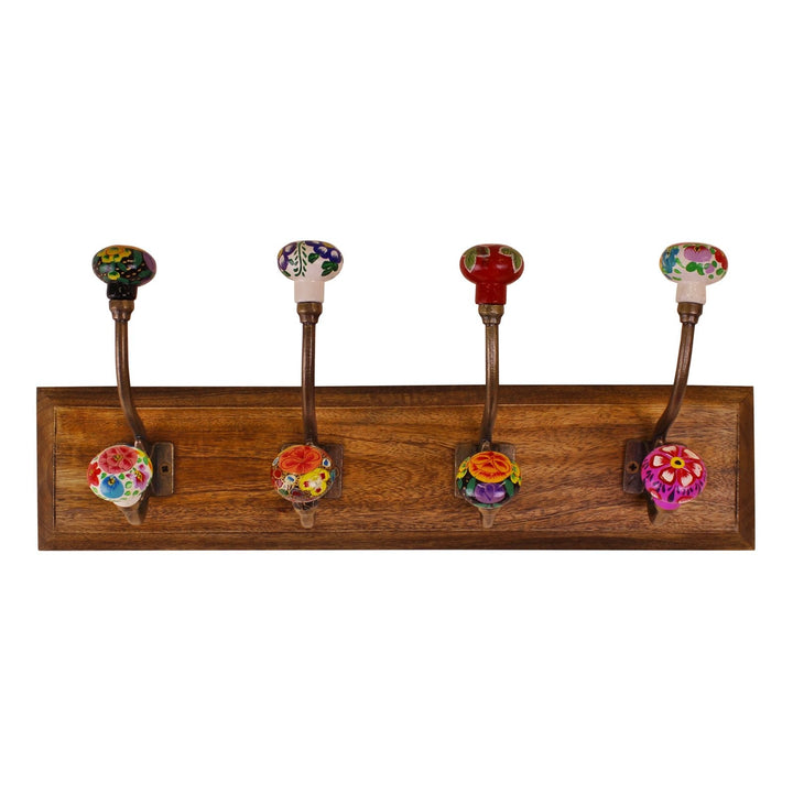 Mexican Floral Ceramic Hooks on Wooden Base-0