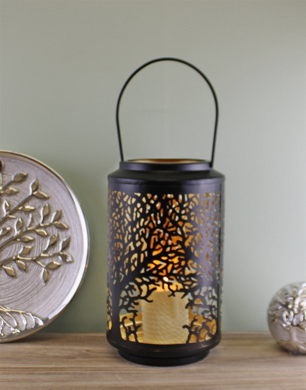 Medium Tree Of Life Cutout Design Black Candle Lantern-1