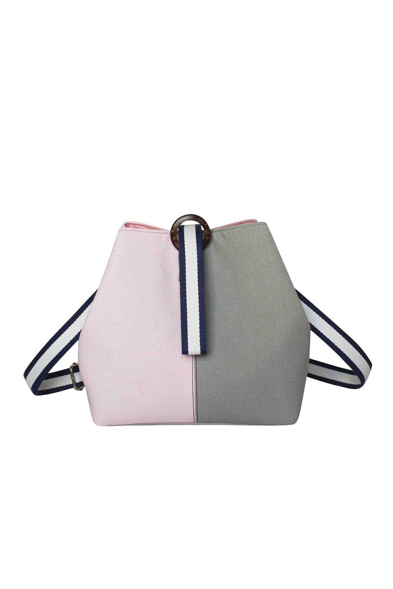 Lily Ella Collection chic color-block tote with pink and grey panels, navy blue stripe detail, tortoiseshell handle, and adjustable strap.