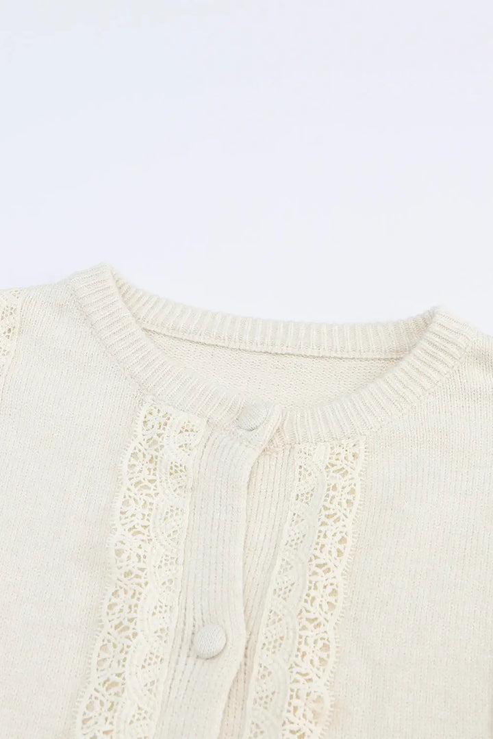 Apricot Lace Trim Ribbed Round Neck Button Up Cardigan-9