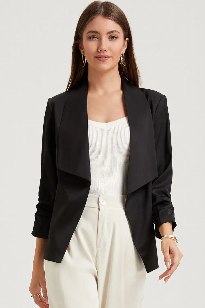 Apricot Solid Lapel Collar Satin Blazer-5