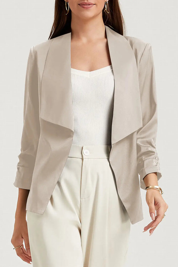 Apricot Solid Lapel Collar Satin Blazer-3