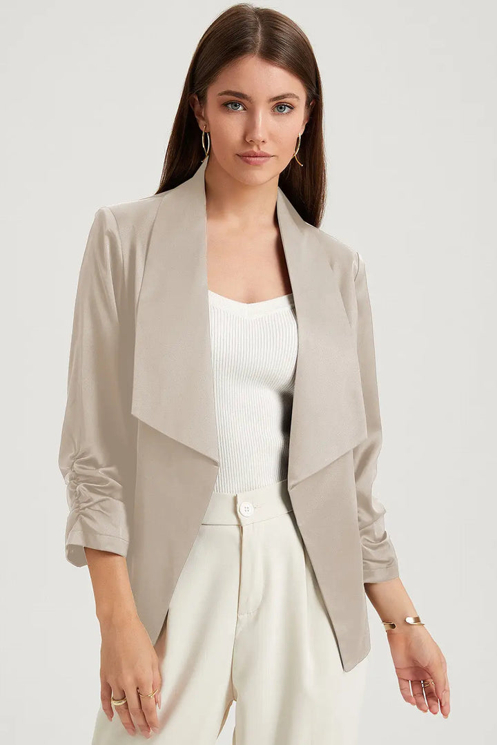 Apricot Solid Lapel Collar Satin Blazer-2