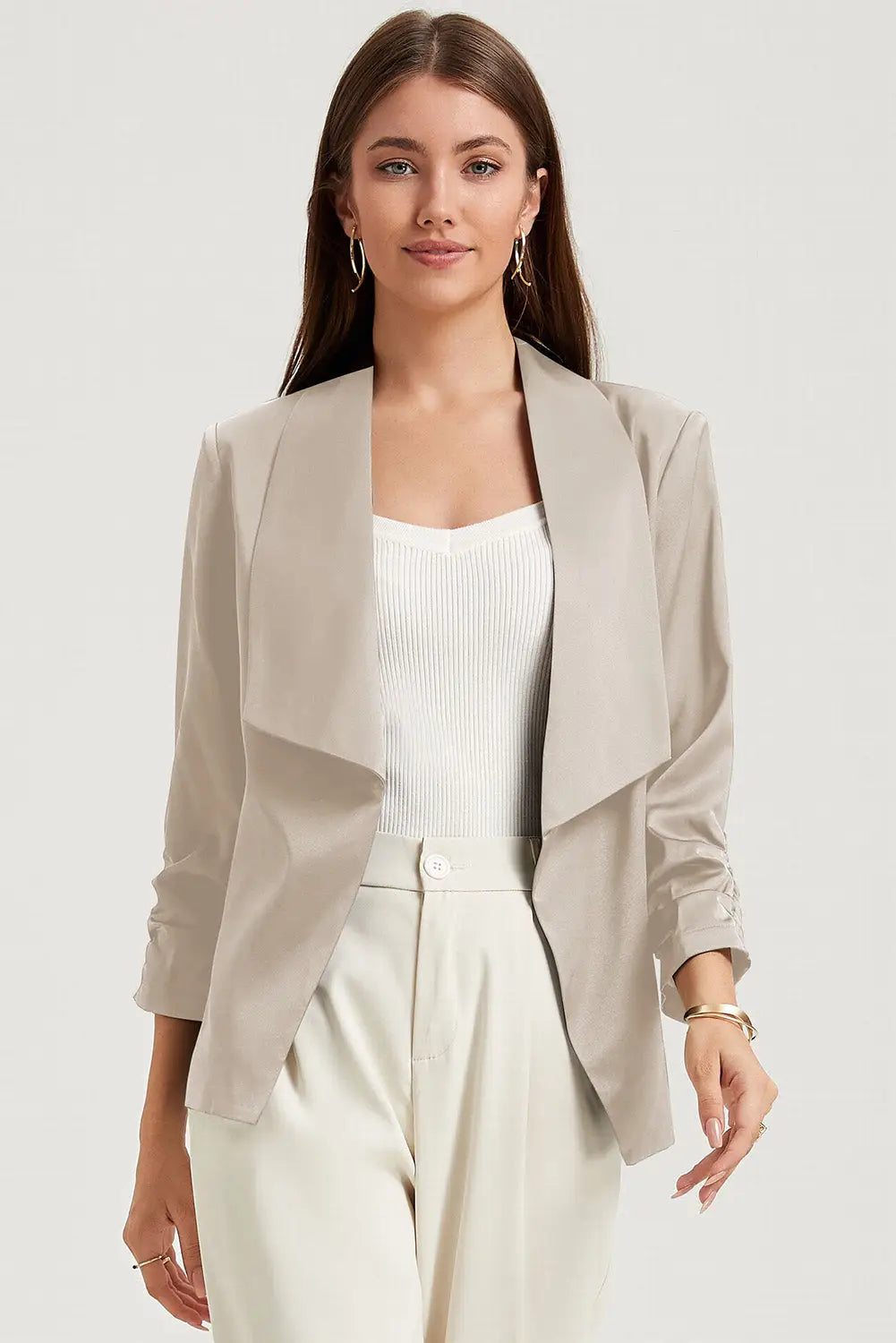 Apricot Solid Lapel Collar Satin Blazer-0