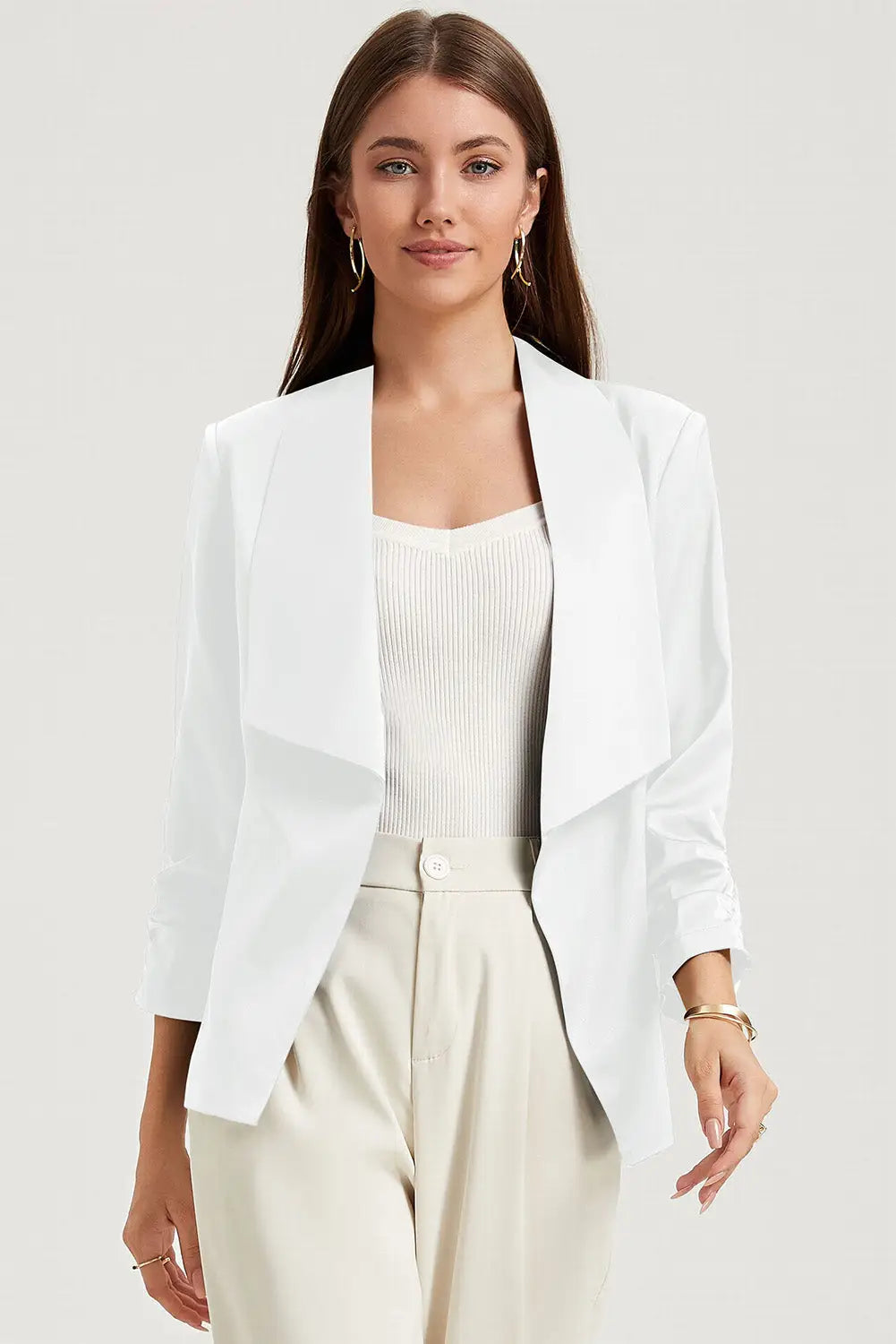 Apricot Solid Lapel Collar Satin Blazer-6