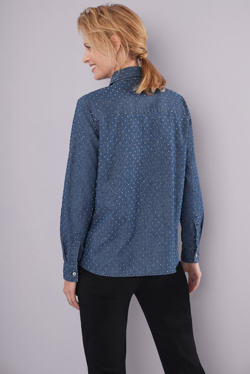 Lily Ella Collection stylish blue printed shirt for women, casual elegant women's fashion, patterned button-up shirt rear view