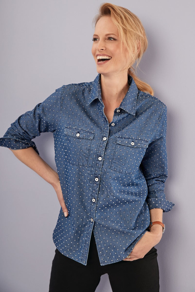 Lily Ella Collection stylish denim polka dot shirt, fashionable women's casual wear, trendy button-up blouse in blue, versatile clothing for modern wardrobe