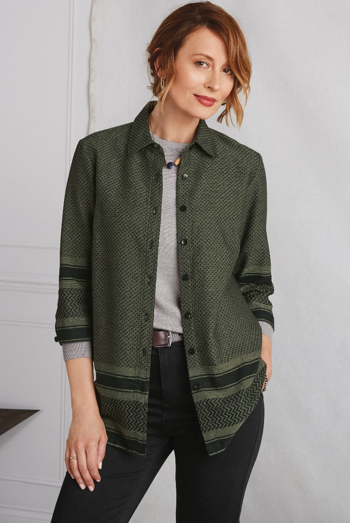 Lily Ella Collection elegant green textured jacket, stylish casual women's outerwear with button-up front and patterned cuffs, versatile fashion piece for trendy wardrobe.