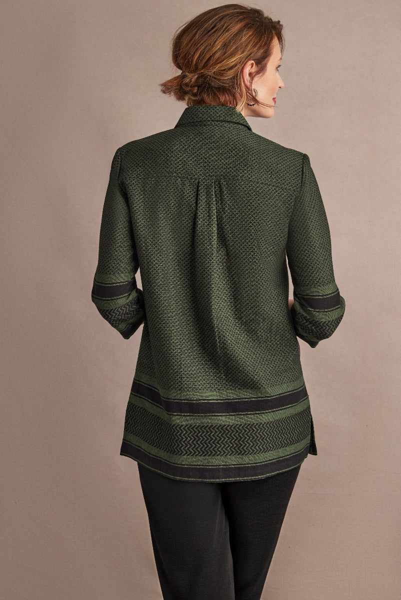Lily Ella Collection women's dark green patterned blouse with roll-up sleeves and contrast trim detailing, stylish elegant office wear