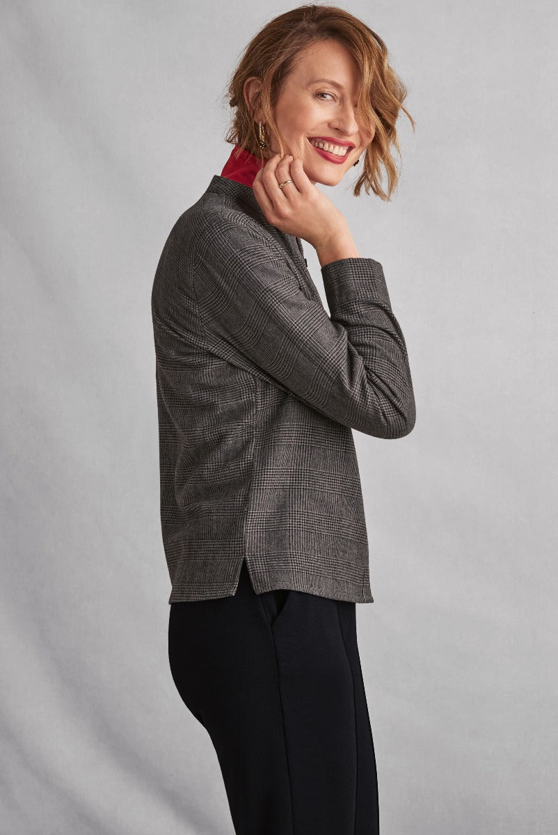 Lily Ella Collection classic herringbone blazer in charcoal, stylish women's office wear with vibrant red collar detail and elegant black trousers.