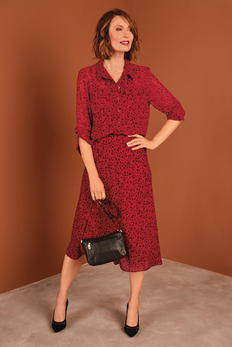 Lily Ella Collection elegant burgundy floral midi dress with black heels and leather handbag for fashionable women's attire