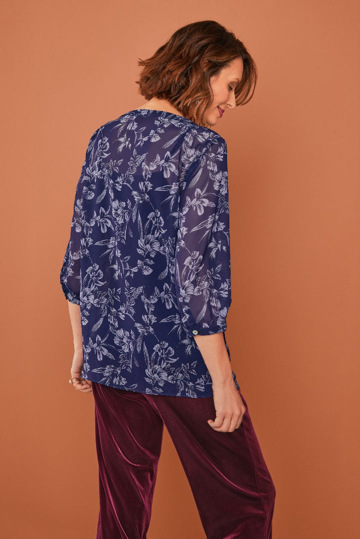 Lily Ella Collection navy blue floral blouse and burgundy velvet trousers, stylish women's fashion wear, elegant patterned top and luxurious pants outfit
