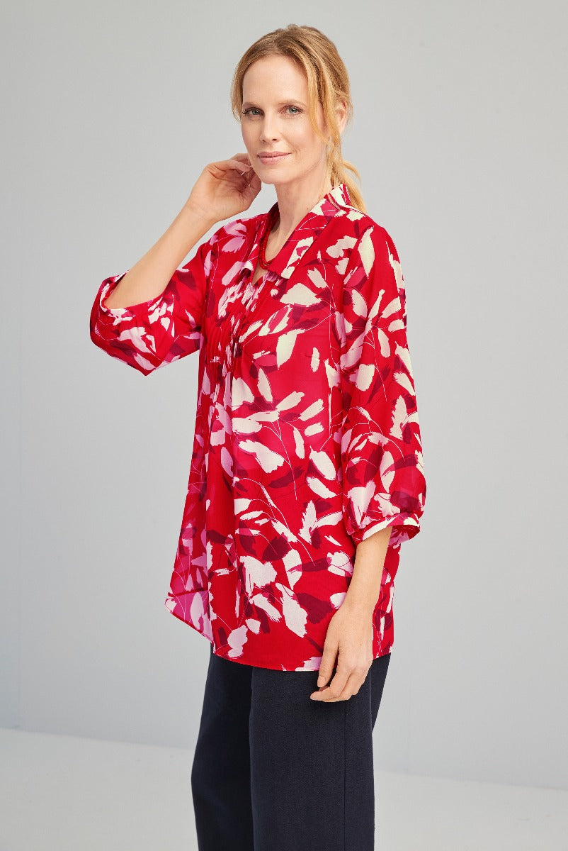 Lily Ella Collection red and white floral pattern blouse, elegant three-quarter sleeve style, women's fashion top, casual to smart casual wear.