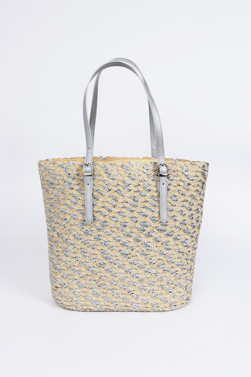 Lily Ella Collection chic blue and yellow woven tote bag with silver hardware and stylish grey straps for women