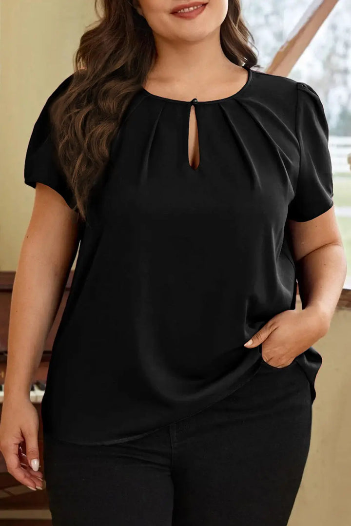 Black Keyhole Pleated Plus Size T Shirt-0