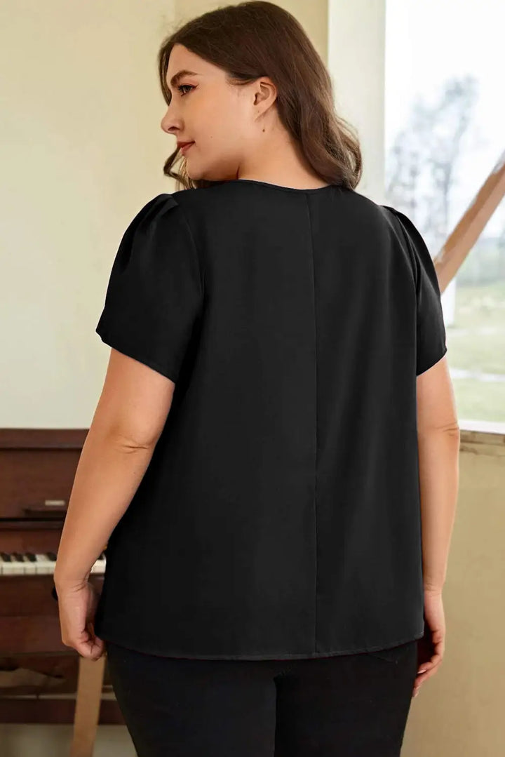 Black Keyhole Pleated Plus Size T Shirt-1