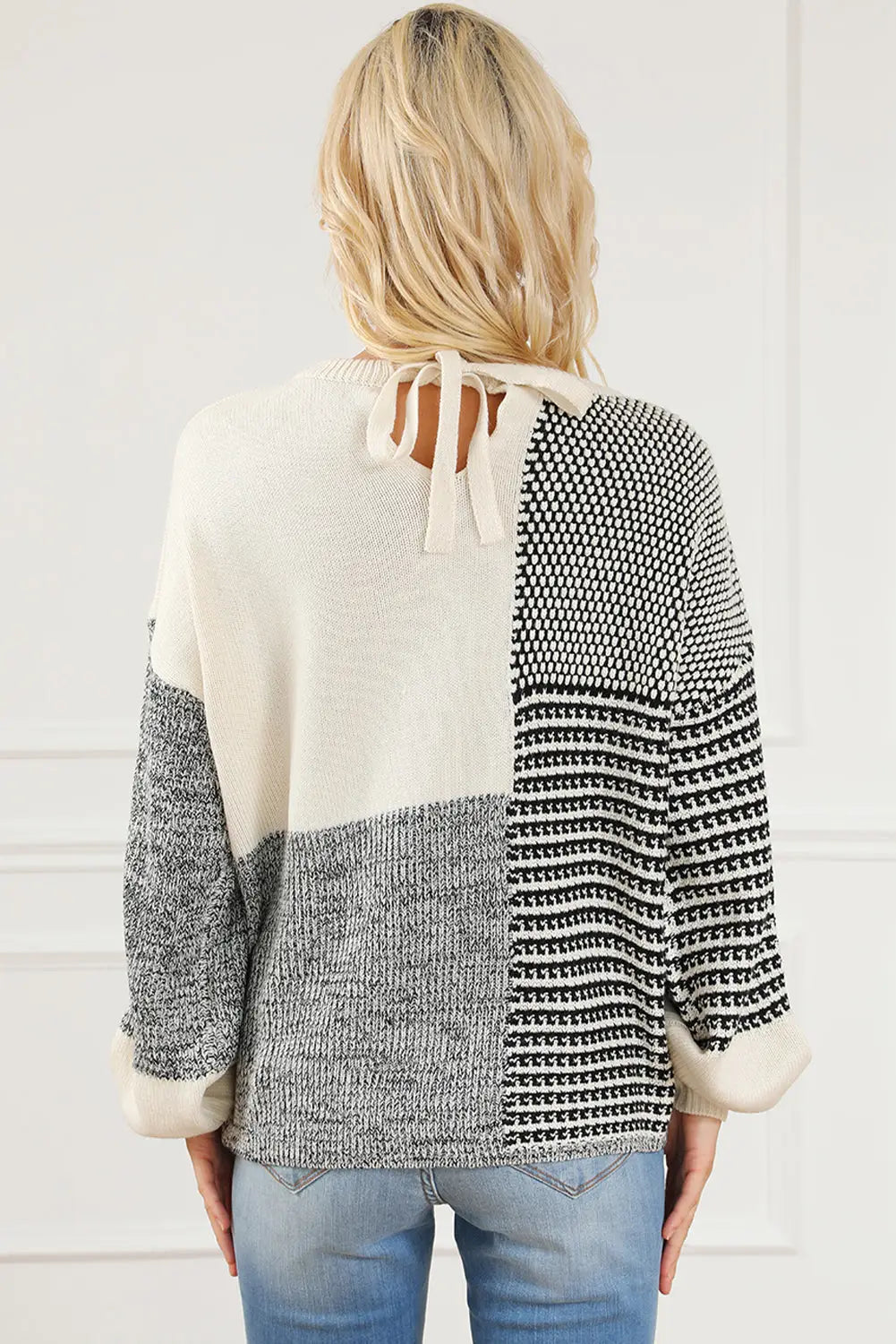 Black Neutral Colorblock Tie Back Sweater-1