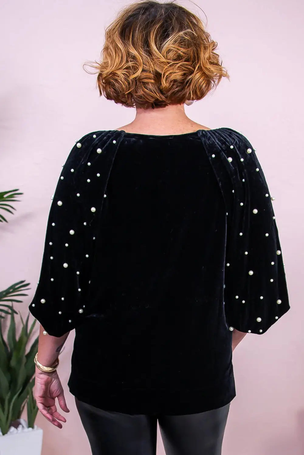 Black Pearl Embellished Puff Sleeve Velvet Plus Size Top-1