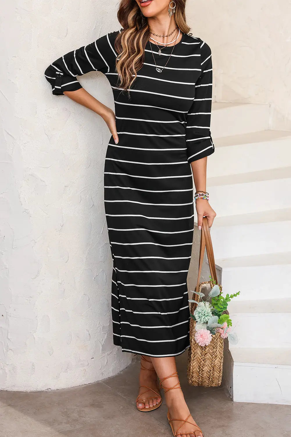 Black Striped Casual Slit Long Dress-0
