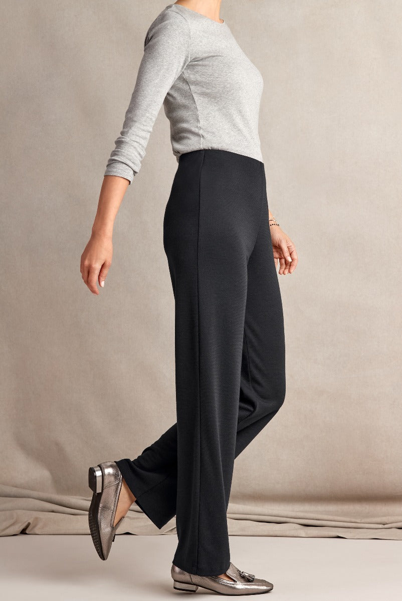 Lily Ella Collection elegant black trousers for women with grey fitted top and metallic loafers, highlighting stylish comfort and contemporary fashion design
