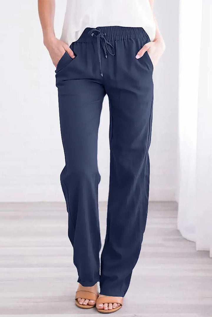 Blue Drawstring Elastic Waist Pockets Long Straight Legs Pants-4