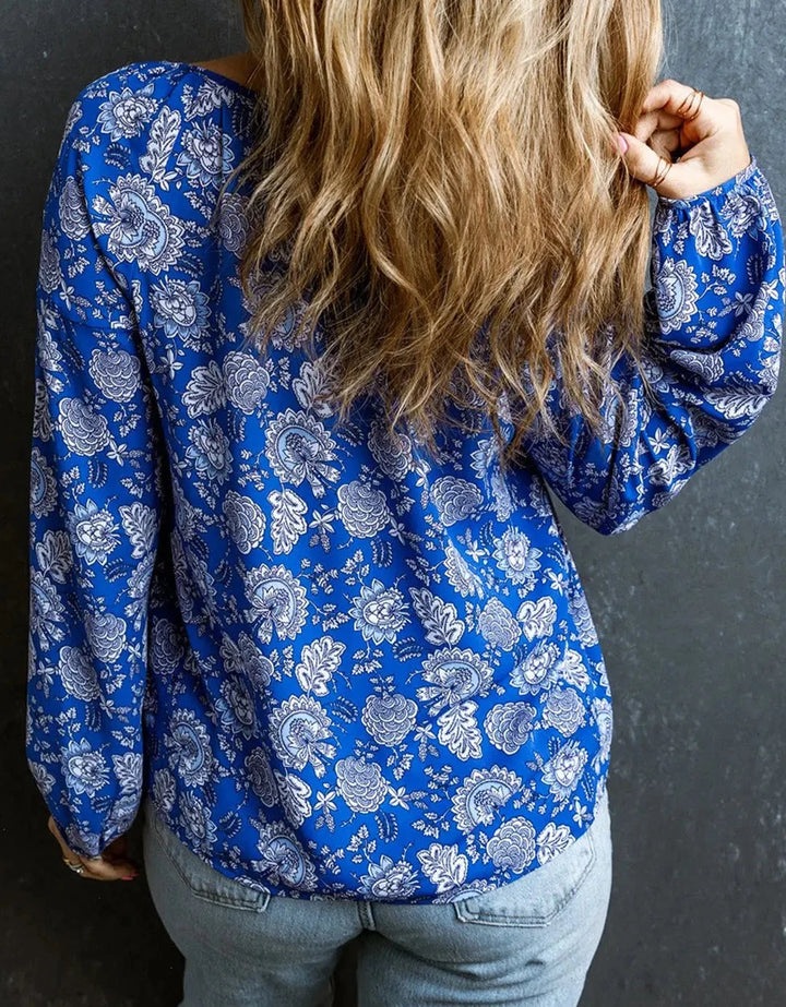 Blue Floral Notched V-Neck Long Sleeve Blouse-1