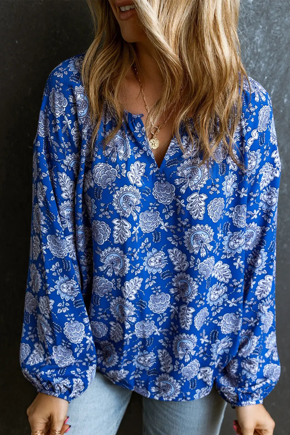 Blue Floral Notched V-Neck Long Sleeve Blouse-2