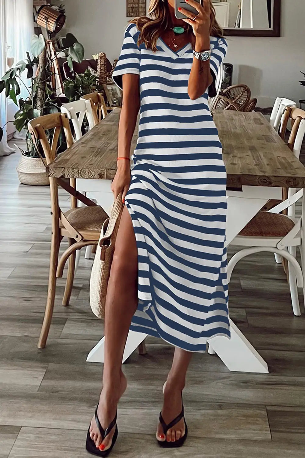 Blue Stripe Print V Neck Maxi Dress with Side Splits-0