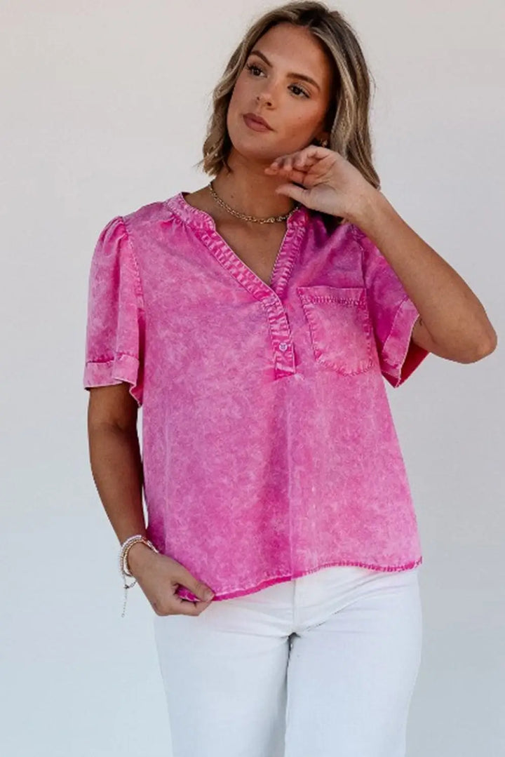 Bright Pink Mineral Wash Denim Top-3