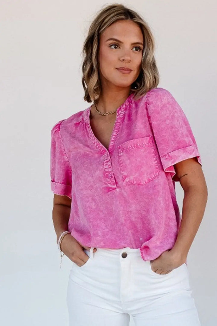 Bright Pink Mineral Wash Denim Top-4