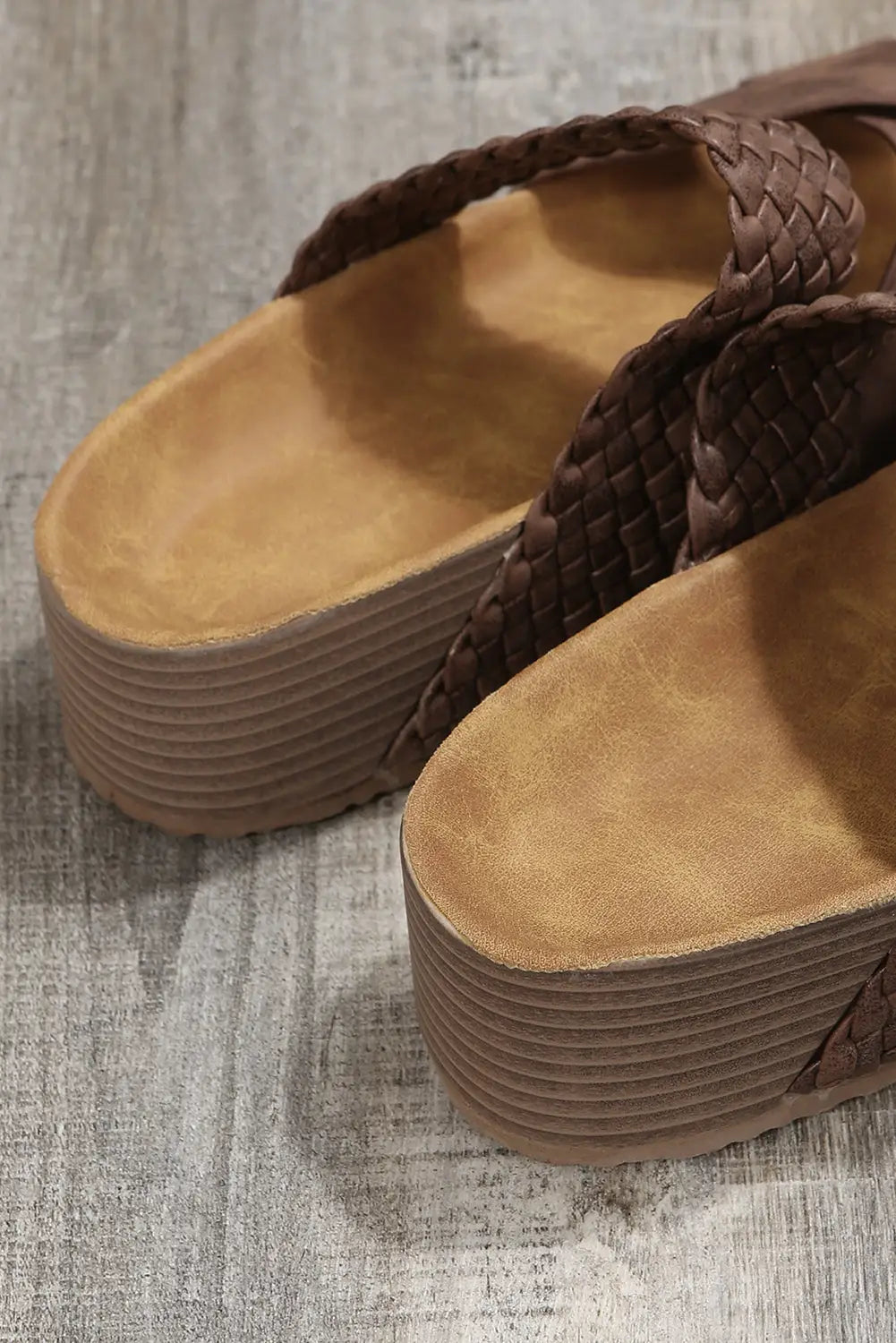 Brown Braided PU Leather Platform Sandals-6