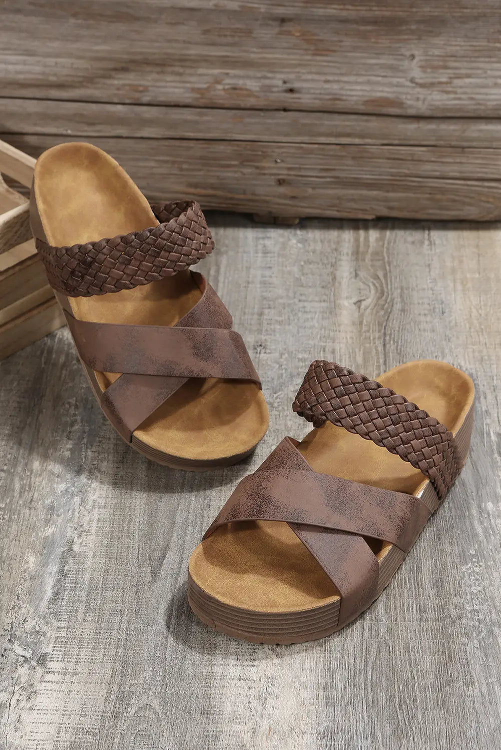 Brown Braided PU Leather Platform Sandals-4