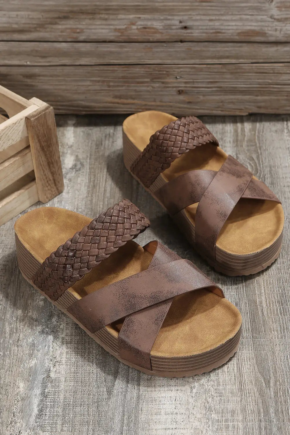 Brown Braided PU Leather Platform Sandals-3