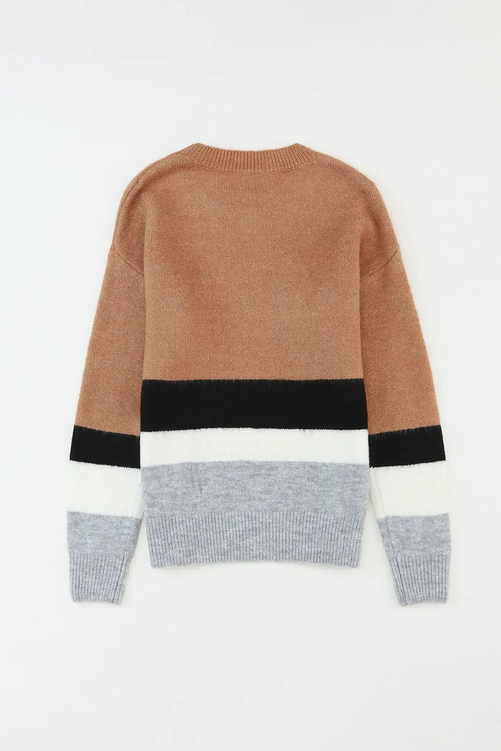 Brown Color Block Striped Ribbed Knit Sweater-9