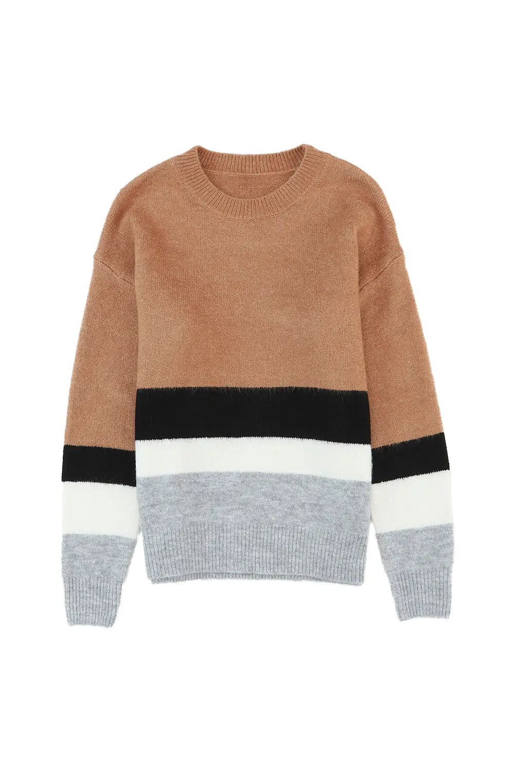 Brown Color Block Striped Ribbed Knit Sweater-14