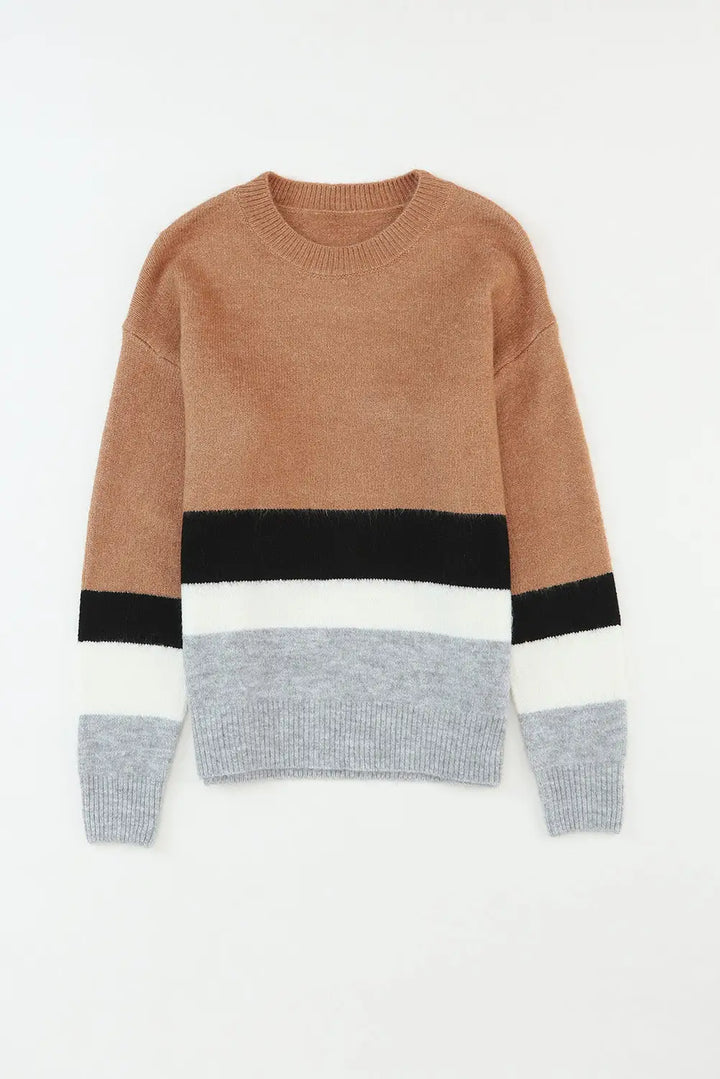 Brown Color Block Striped Ribbed Knit Sweater-8