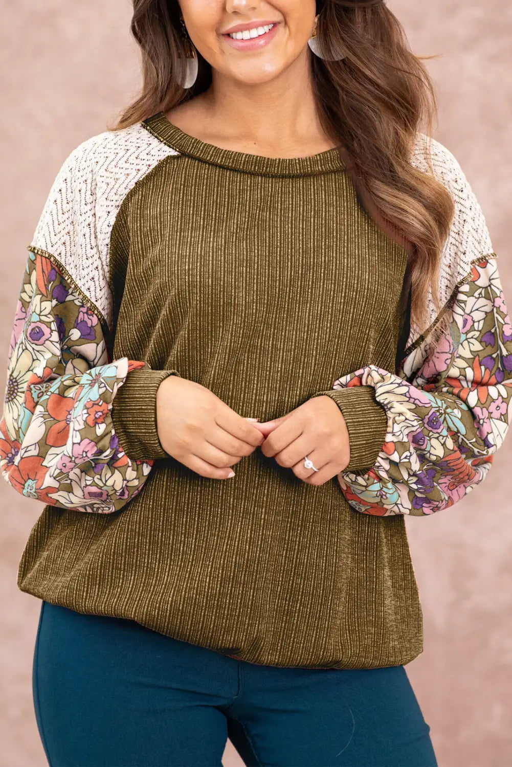 Brown Floral Patchwork Puff Sleeve Textured Blouse-0