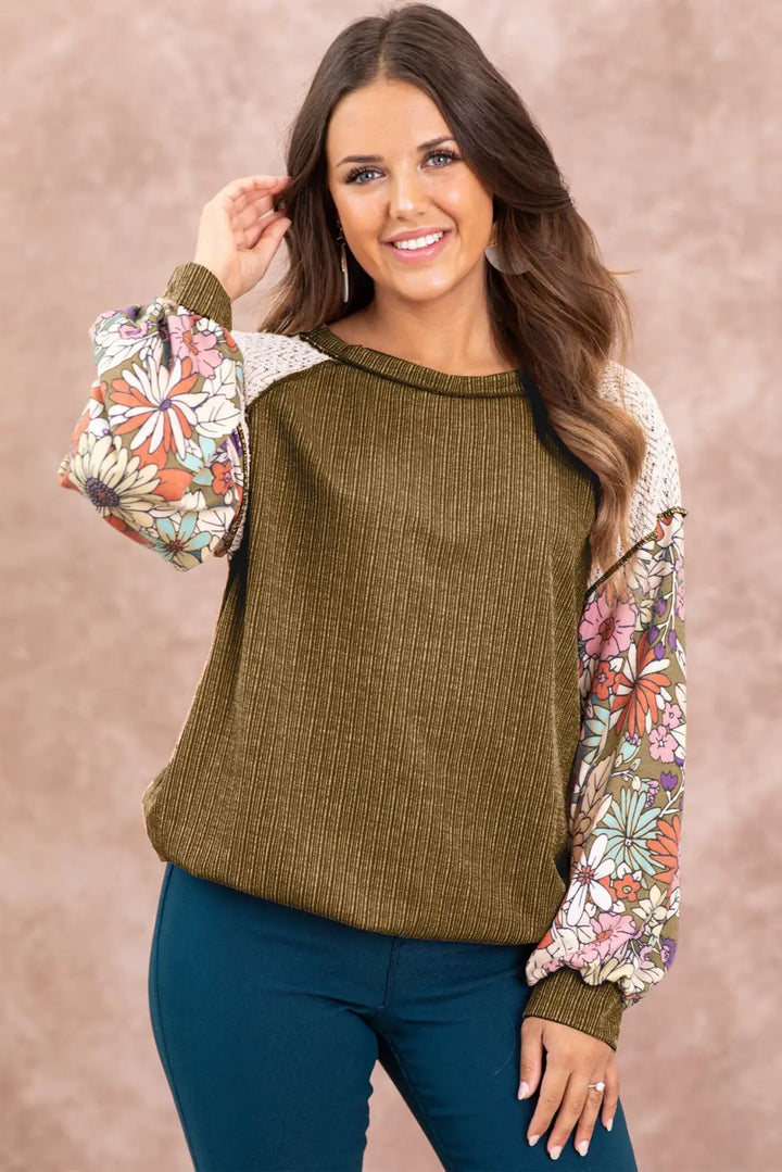 Brown Floral Patchwork Puff Sleeve Textured Blouse-2