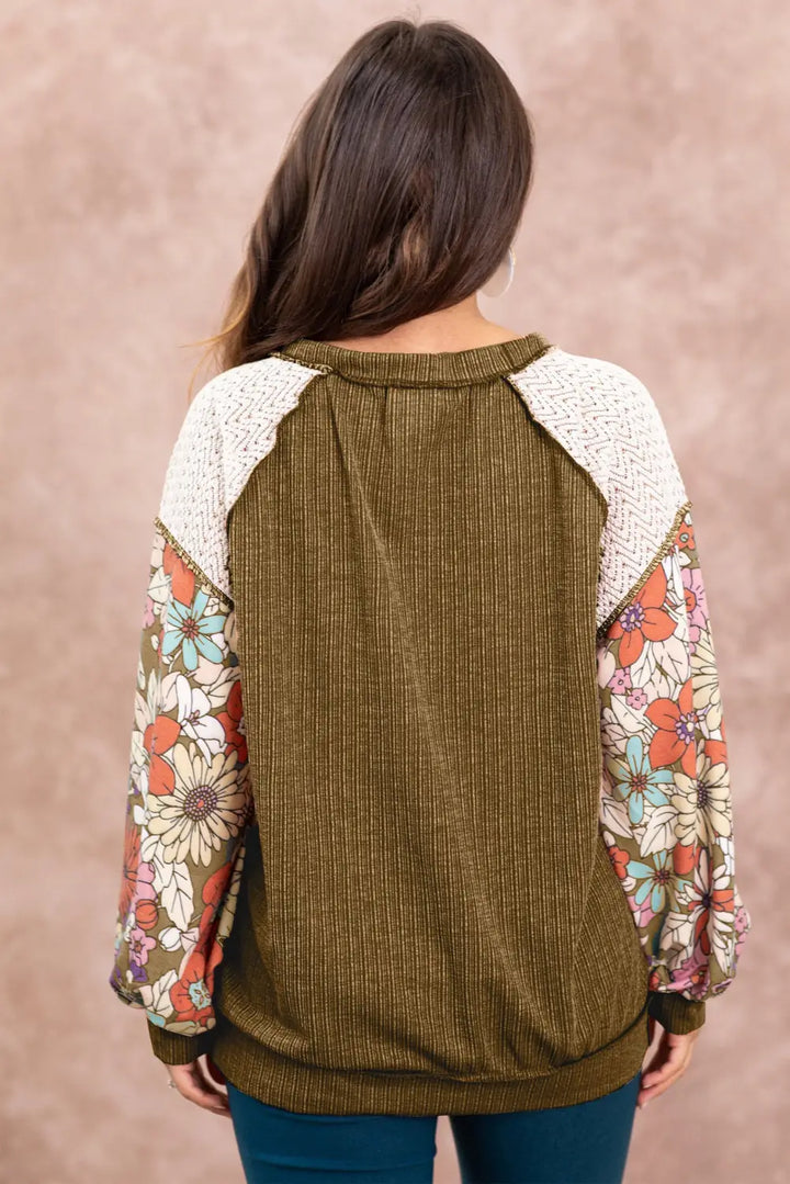 Brown Floral Patchwork Puff Sleeve Textured Blouse-1