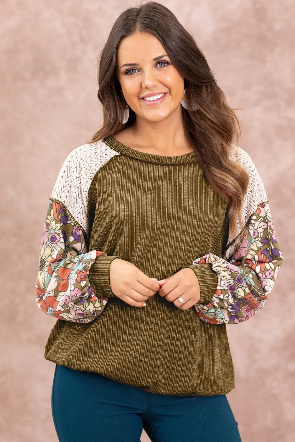 Brown Floral Patchwork Puff Sleeve Textured Blouse-3