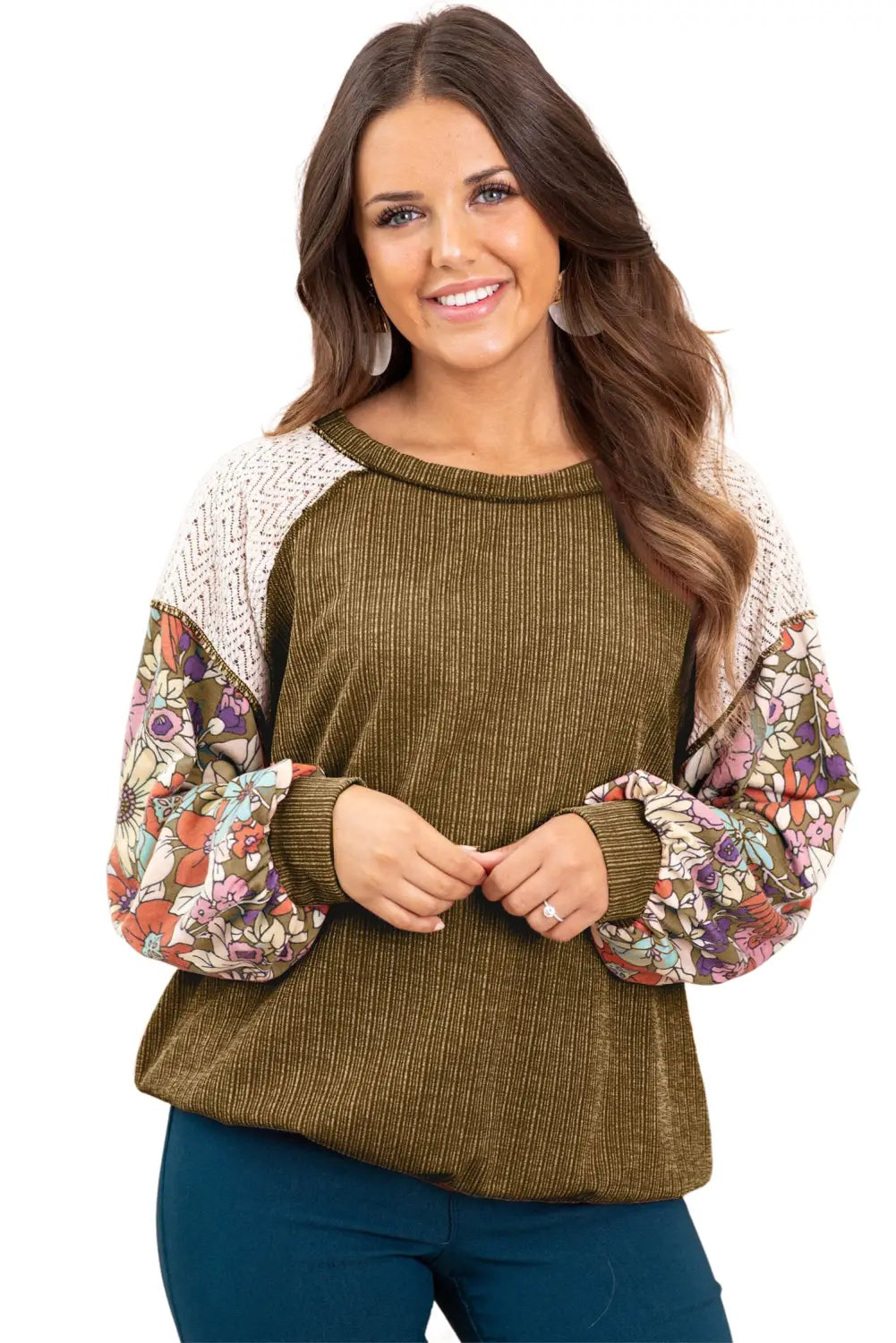 Brown Floral Patchwork Puff Sleeve Textured Blouse-4