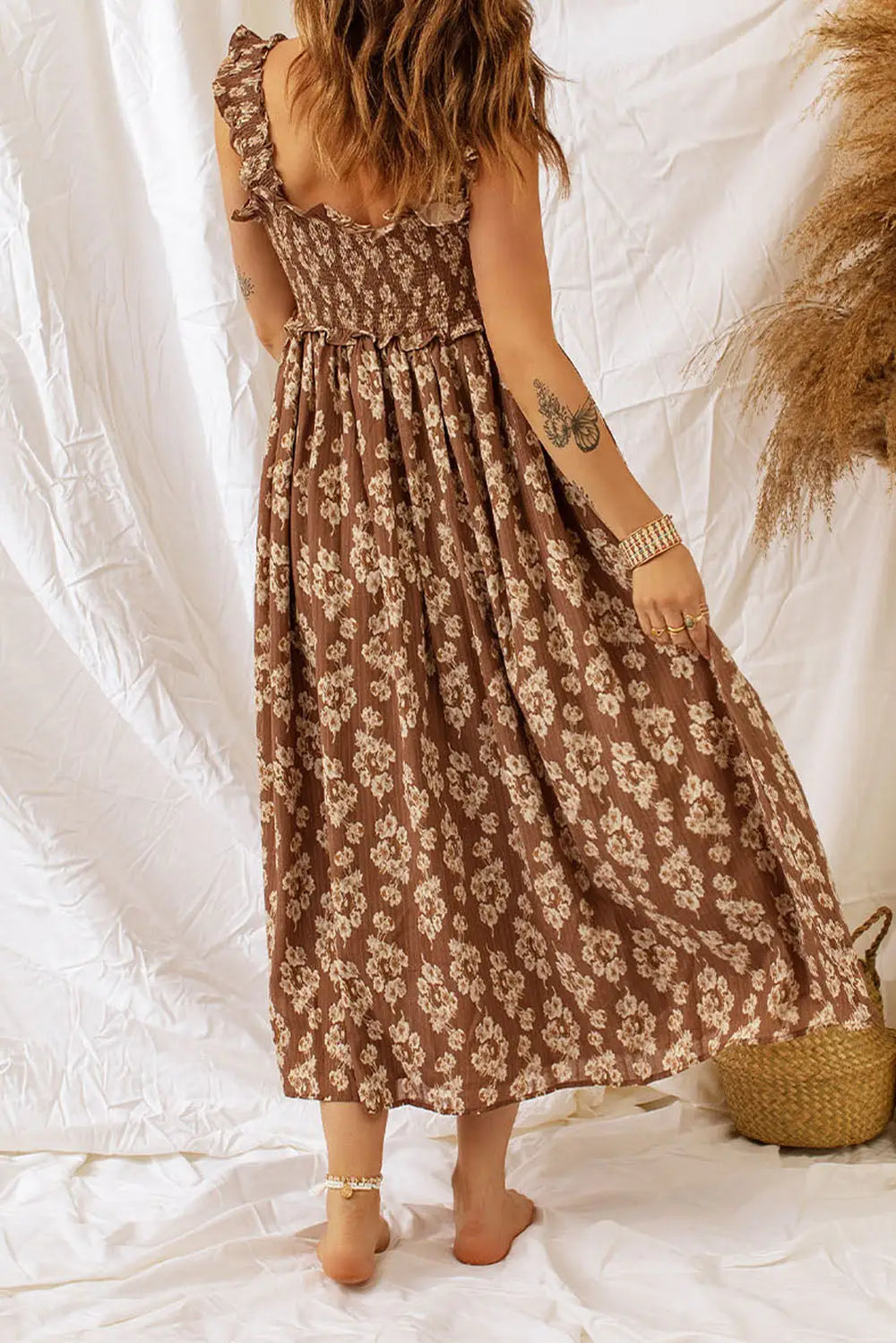 Brown Ruffled Straps Smocked Floral Maxi Dress-1