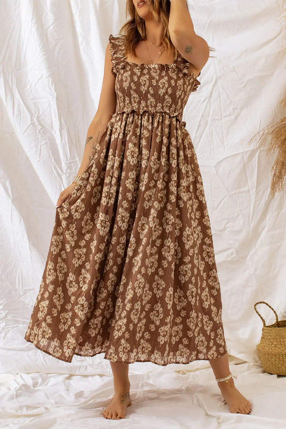 Brown Ruffled Straps Smocked Floral Maxi Dress-0
