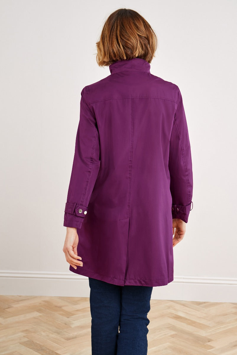 Lily Ella Collection plum casual jacket, women's stylish autumn outerwear, rear view of modern purple long-sleeve coat