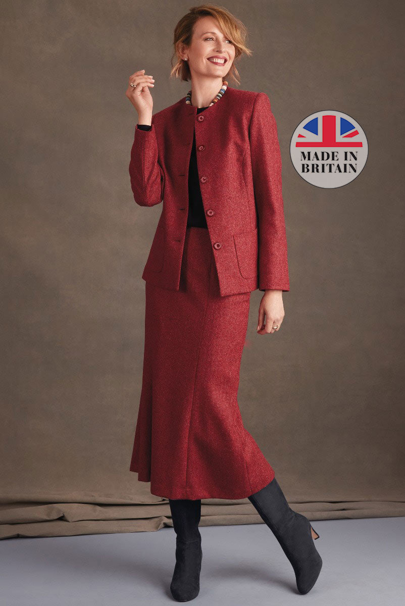 Lily Ella Collection stylish red tweed blazer and skirt set for women, elegant business attire, British made outfit, fashionable autumn-winter ensemble with black boots.
