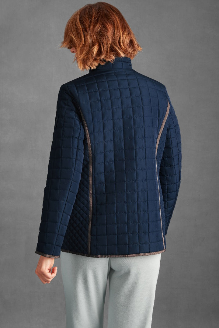 Lily Ella Collection quilted navy blue jacket, women's stylish autumn outerwear, elegant and comfortable fit with subtle detailing