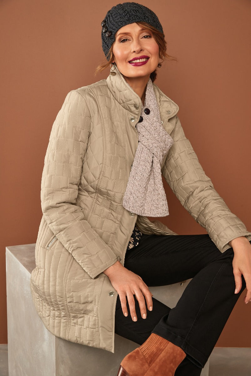 Lily Ella Collection beige quilted jacket, stylish knit scarf and beret, smiling model in autumnal fashion, elegant casual women's clothing