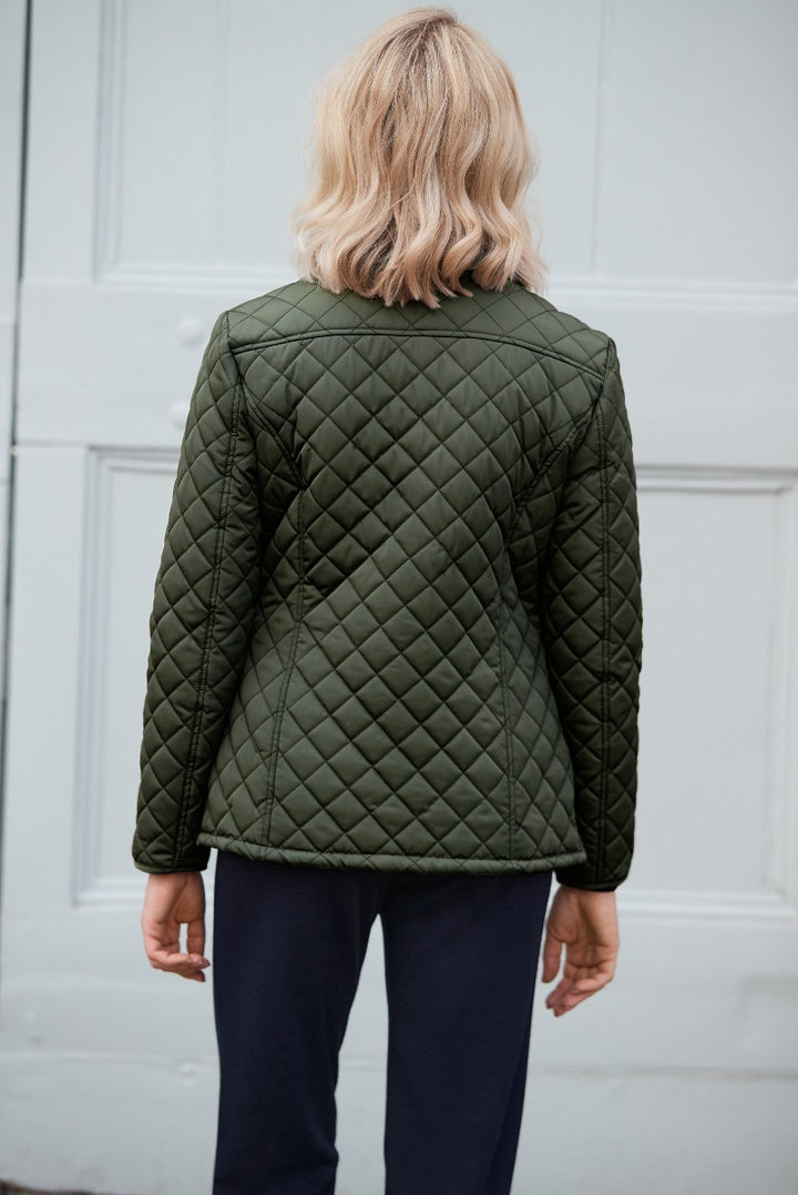 Lily Ella Collection olive green quilted jacket, stylish women's outerwear, back view, contemporary casual fashion