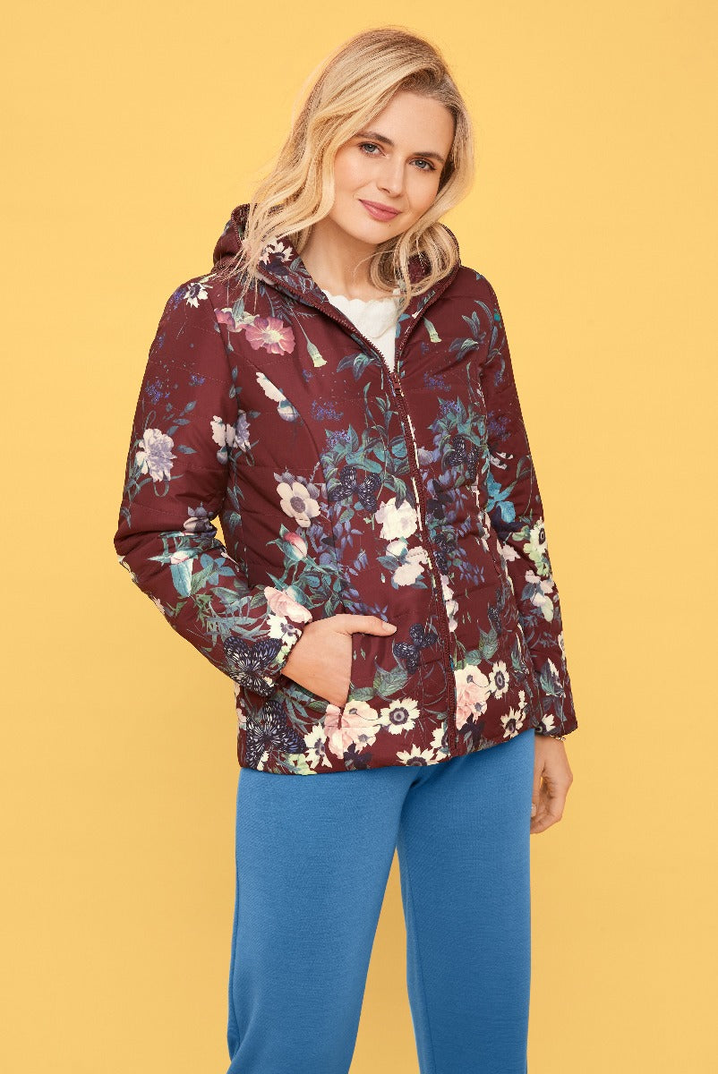 Lily Ella Collection Maroon Floral Quilted Jacket for Women with Hood, paired with Blue Trousers, Casual Elegant Outerwear, Stylish Autumn Fashion