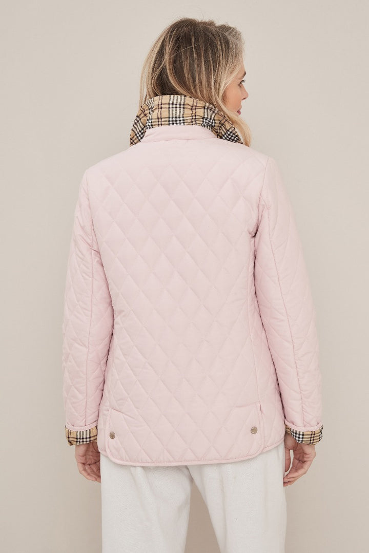 Lily Ella Collection pink quilted jacket with check-lined collar, chic women's outerwear, stylish quilted design with button details, fashionable light pink hue, rear view on model.